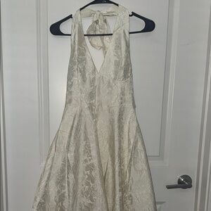 Cider Midi Elegant Cream Halter Floral Jacquard Dress